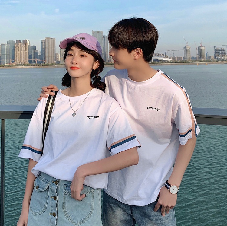 Real shooting of 100 cotton in the same color couple's short sleeved T-shirt student summer half sleeved cotton top female