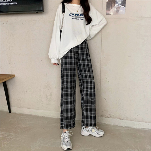 Real shot 2020 summer new retro Plaid leisure high waist show thin and loose wide leg pants
