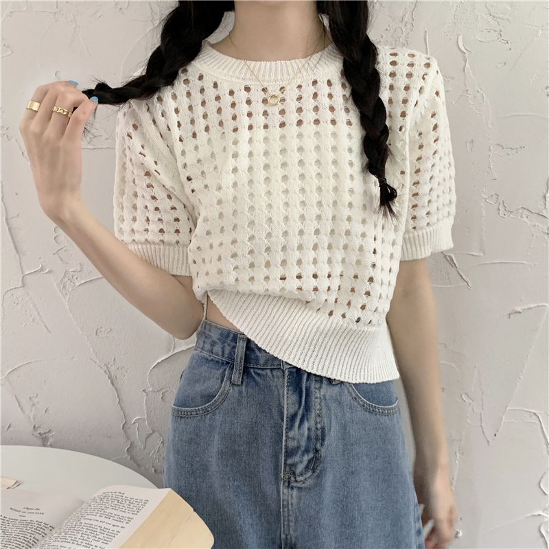 Real shooting and real price summer new design sense hollow out short knitted short sleeved top women