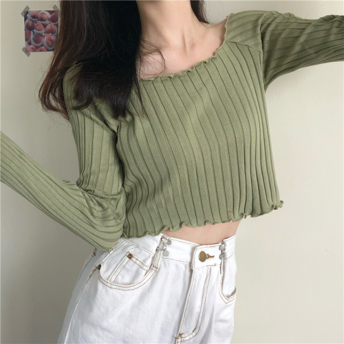 New style square collar lace knitted open navel slim long sleeve women's top in autumn 2020