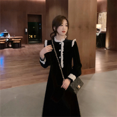 Skirt spring autumn winter Hepburn style bottomed small black skirt female lace stitching golden velvet dress temperament