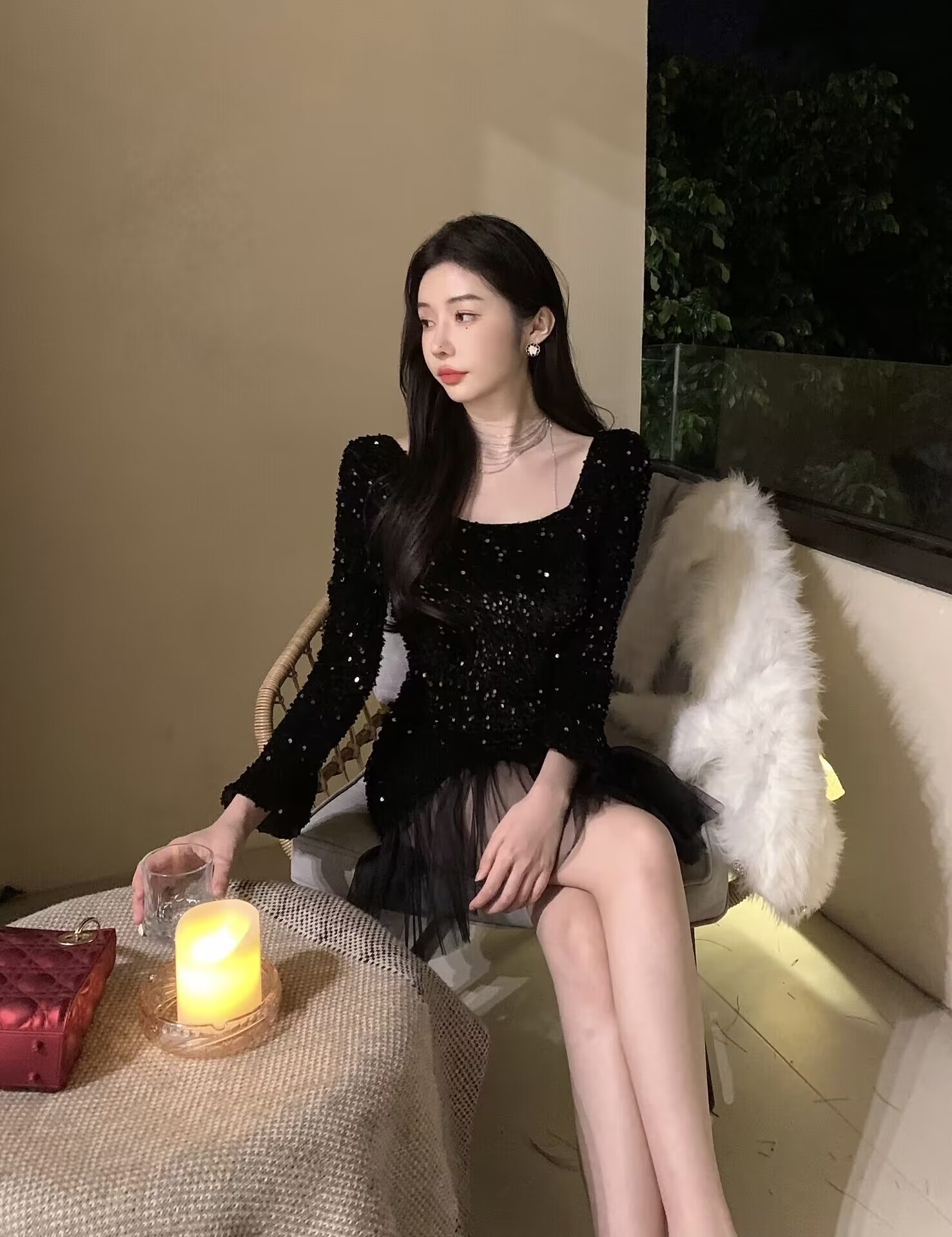 Real shot French Hepburn style square neck sequin mesh stitching party dress skirt sexy package hip fishtail dress