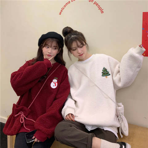 Send shoulder bag plus velvet thick sweater women's 2022 winter new red imitation lamb velvet student all-match coat top