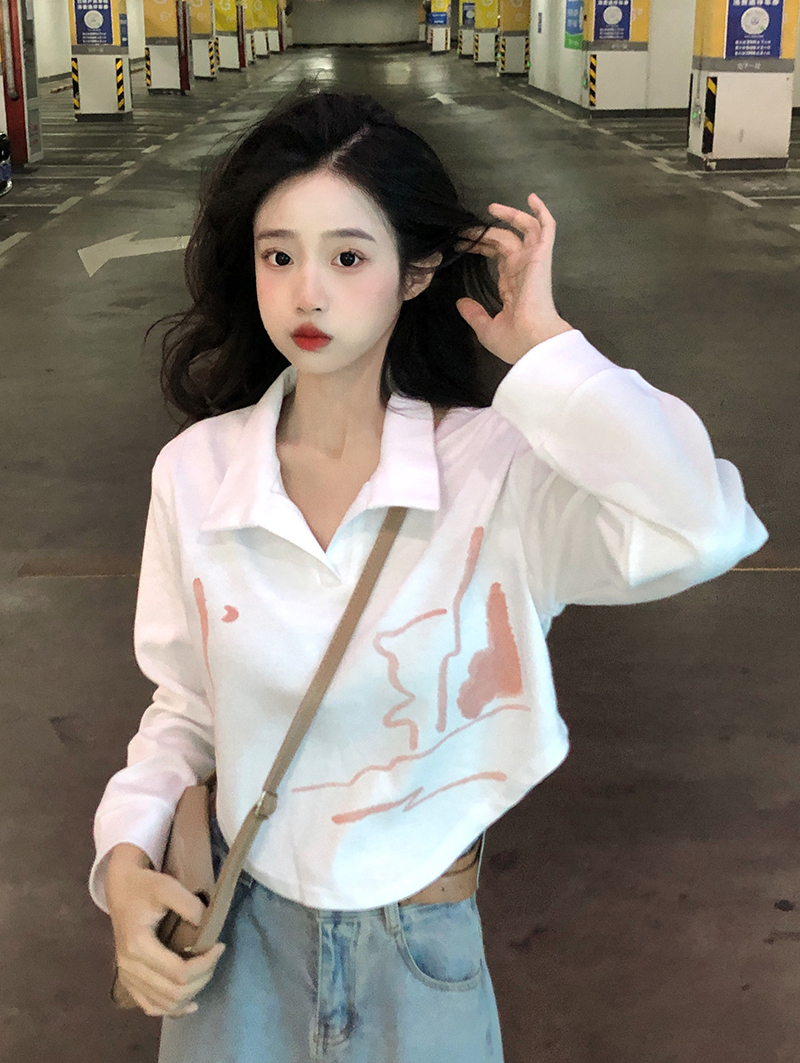 Real shot real price pink bear polo collar printed front shoulder short sweater