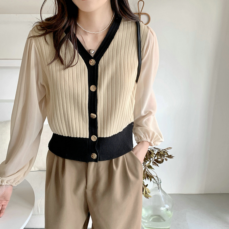 Real shooting autumn 2021 French temperament V-neck stitched chiffon long sleeve knitted cardigan loose Lantern Sleeve contrast color top