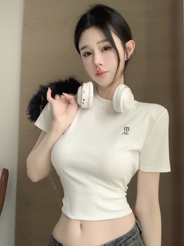 Real shot Pure desire style round neck short-sleeved T-shirt female summer hot girl tight-fitting temperament embroidery crop top