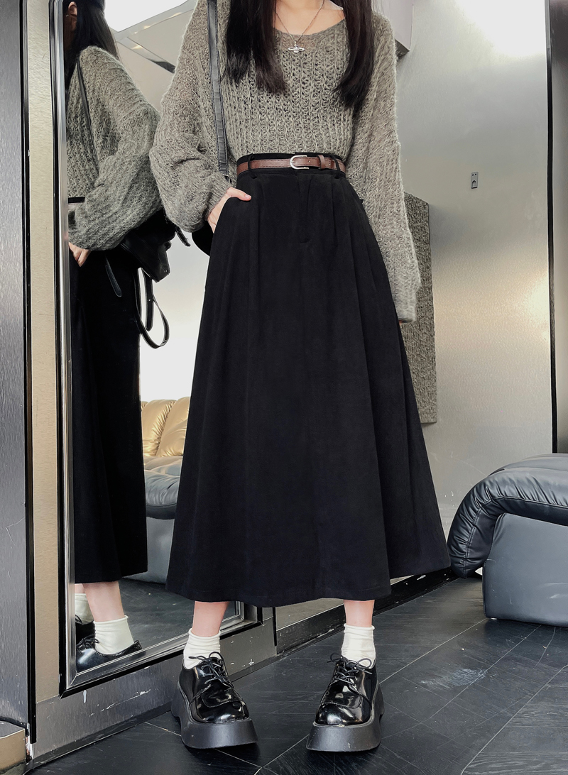 Actual shot ~ free belt, new autumn and winter high-waisted slimming crotch-covering corduroy mid-length skirt