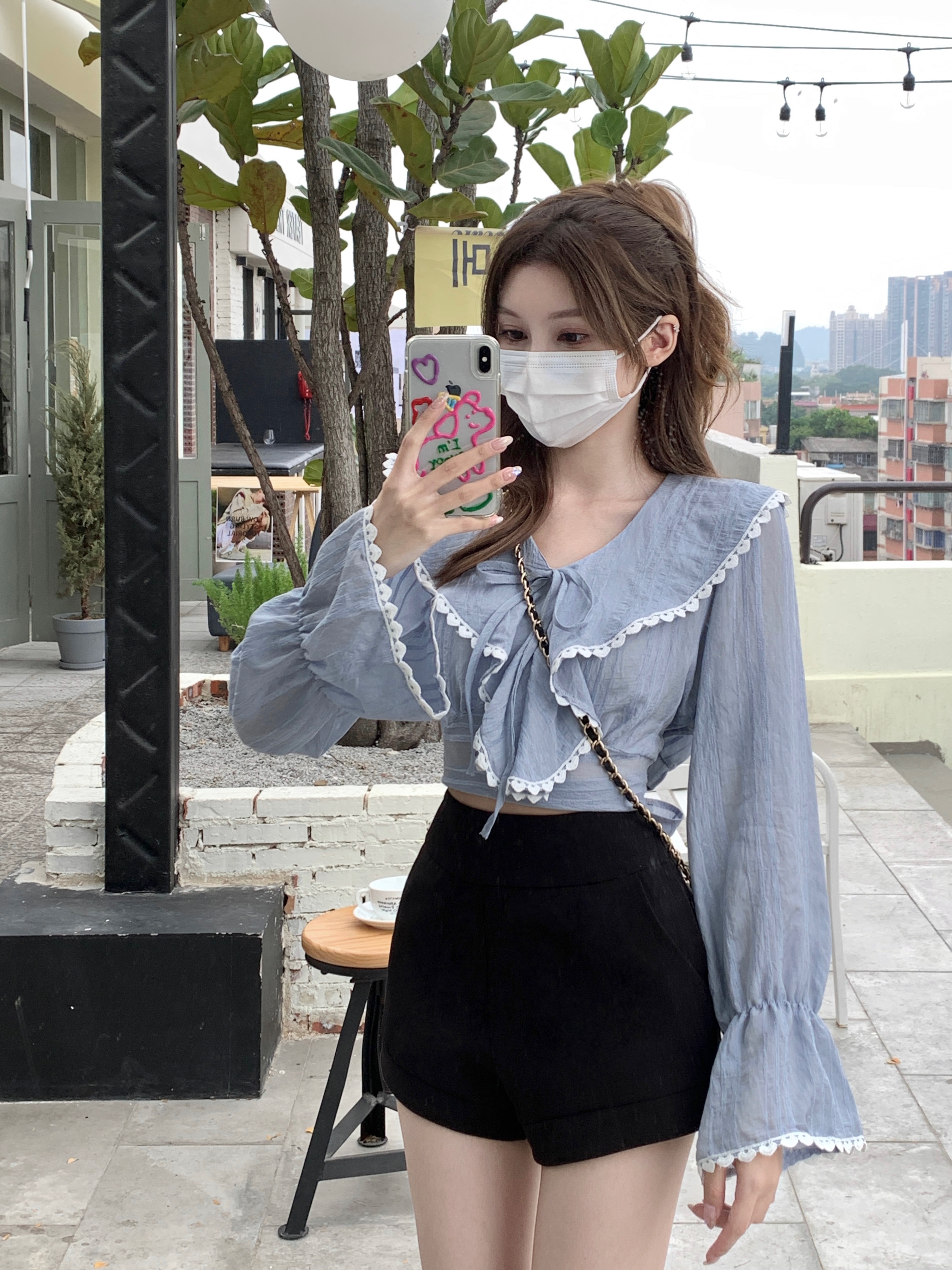 French ruffled bowknot shirt women's early spring new short section long-sleeved bottoming shirt design sense blue top tide
