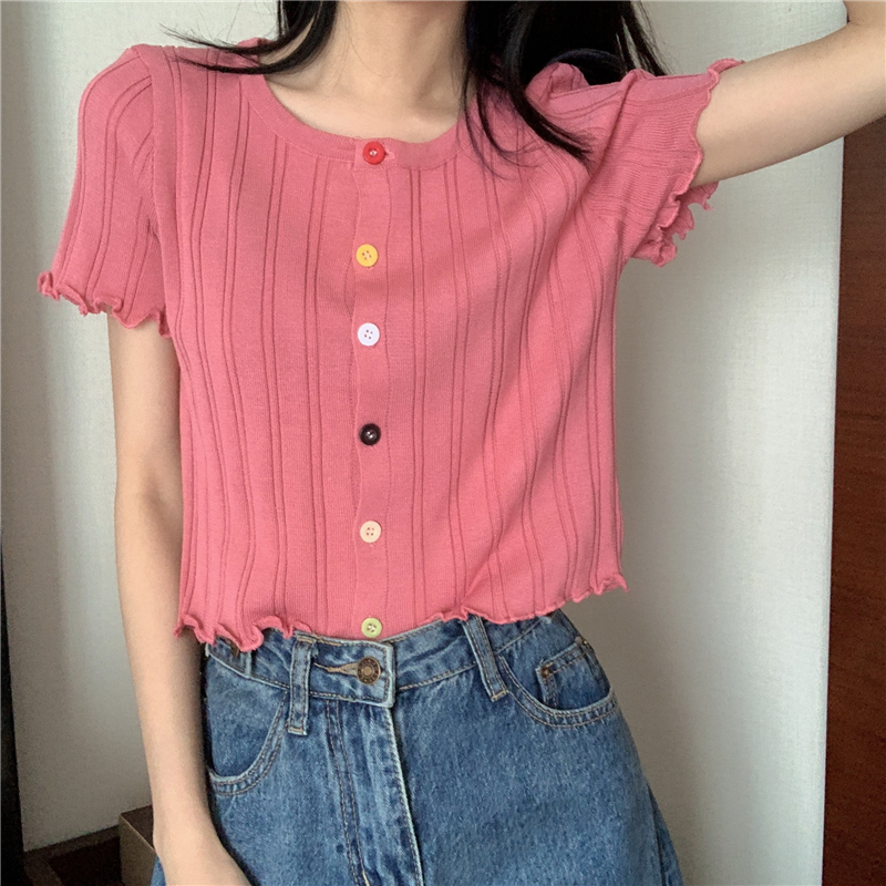 Real shooting and real price ~ summer new slim curling color button knitted short sleeve short navel exposed top