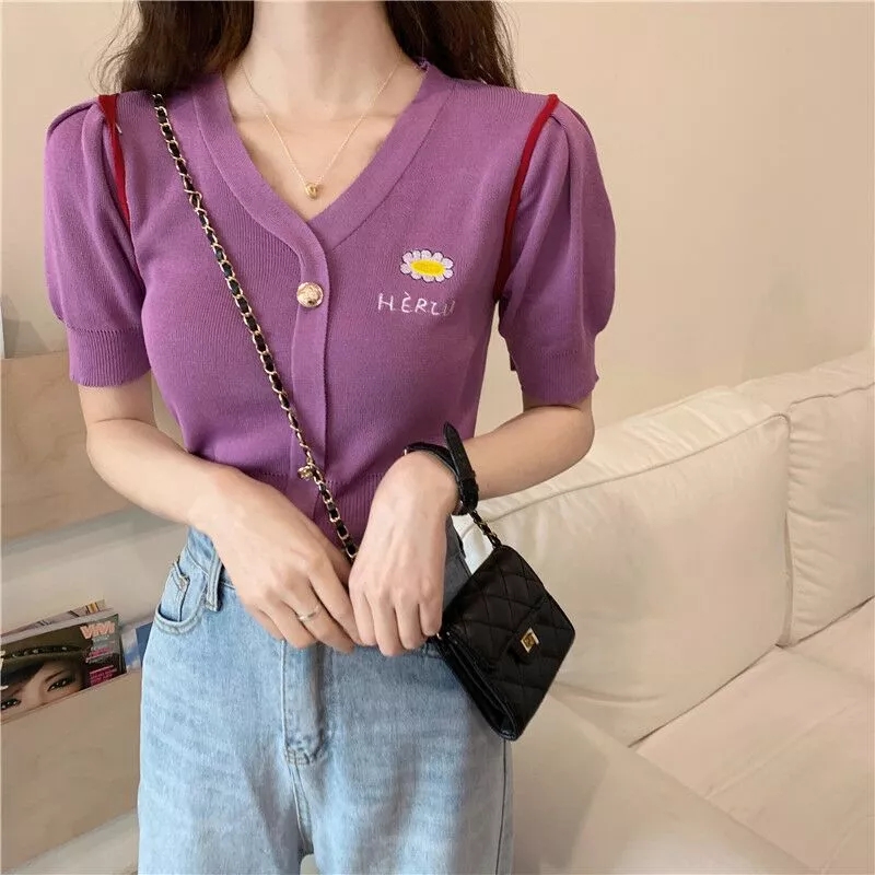 Vintage V-neck Knitted Top Women 2020 new Korean loose cardigan coat spring lazy purple sweater