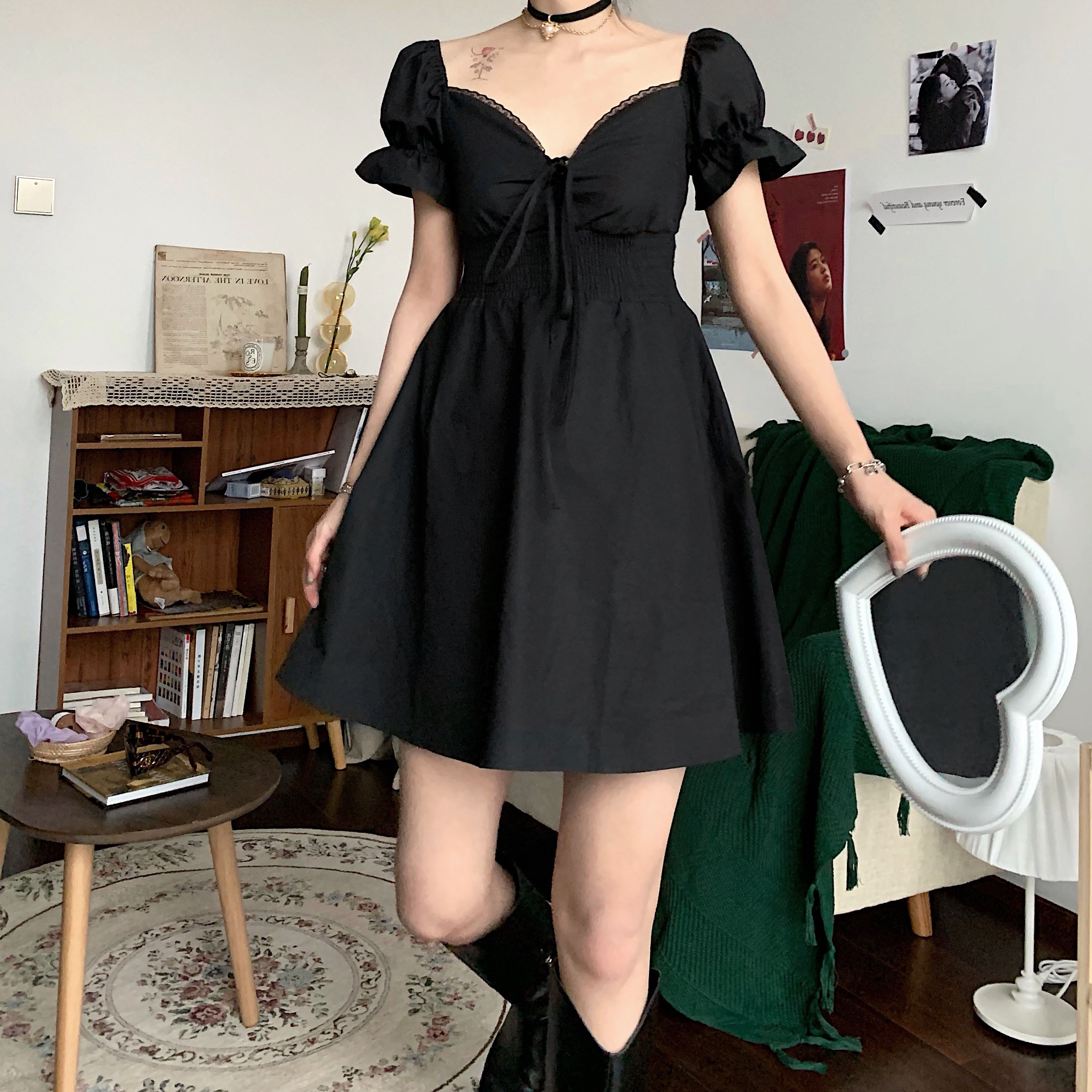 Bubble sleeve black fairy dress female spring and summer 2020 new Korean version French small retro loose short skirt