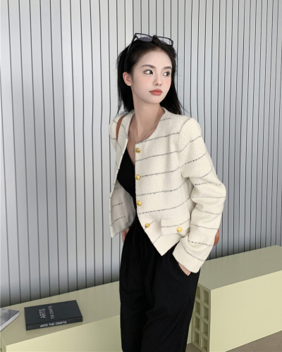Real shot autumn dress small fragrance temperament lady female high-end sweet striped shoulder pad coat female