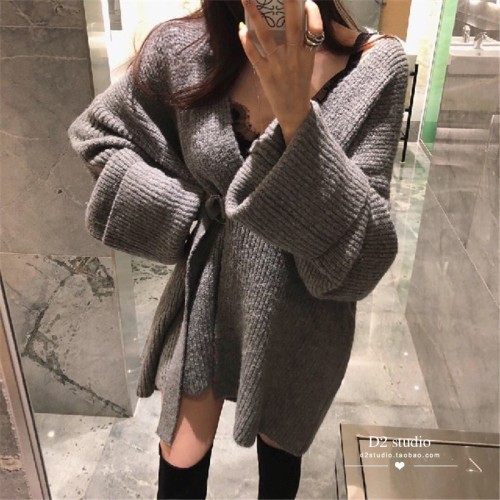 Autumn and winter foreign style loose wear medium length sweater women's Korea ins net red lazy sweater cardigan coat