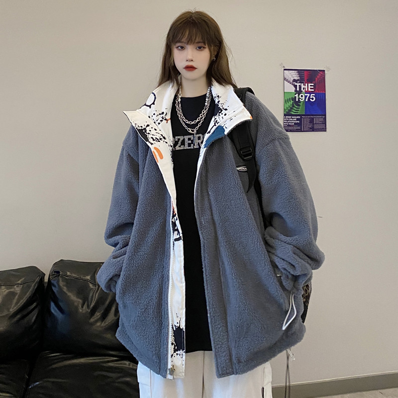 Real shot#蒸服女2022 winter trend double-sided wearing lamb velvet padded jacket loose stand-up collar thickened jacket cotton padded jacket
