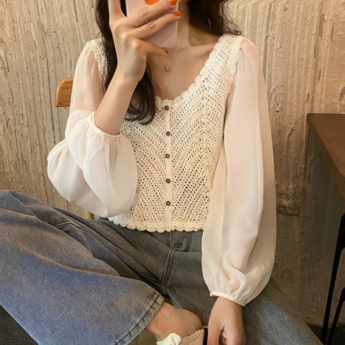 Real price shooting autumn new super immortal temperament small crowd design feeling hollow hook flower lantern sleeve show thin top