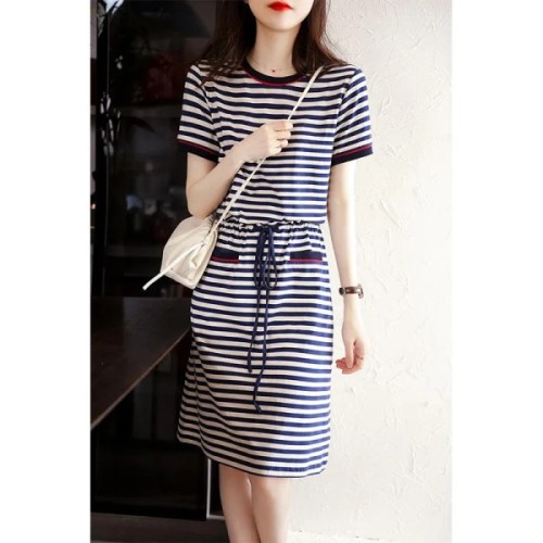 Summer women's new style large size women's A-line skirt medium long short sleeve close waist thin striped dress women