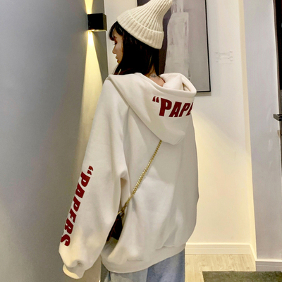Winter new style hooded and fleece sweater women's thickened loose letter printed Pullover coat