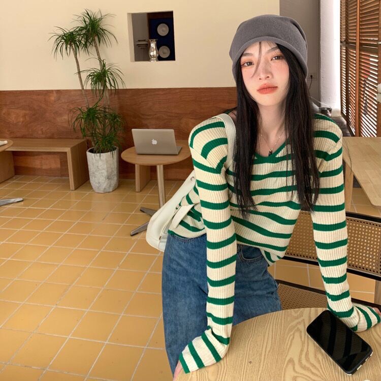 Korean style V-neck striped knitted sweater women's foreign style inner wear spring and autumn new bottoming shirt anti-sun long-sleeved top women