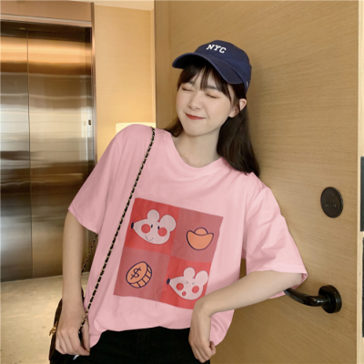 Korean New Sweet cartoon print medium length T-shirt shows thin and versatile short sleeve top fashion