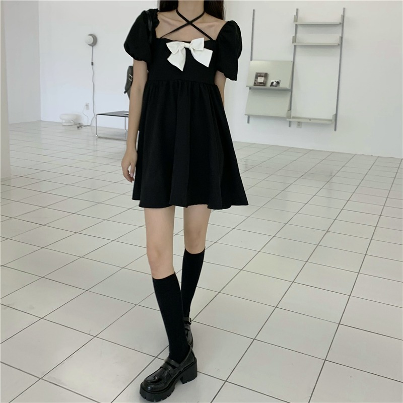 Bow tie bubble sleeve dress women's summer one-line collar hanging neck and waist A-line skirt