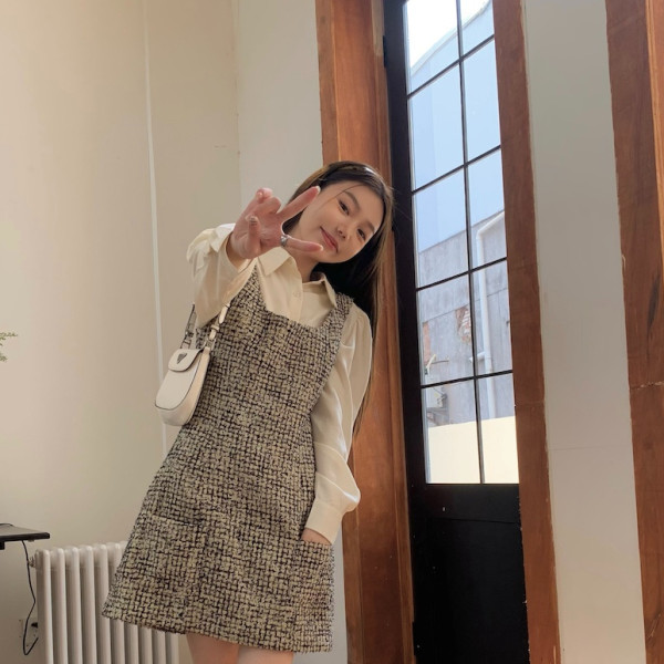 Hong Kong flavor small fragrance suit women's chiffon shirt top autumn and winter new strap dress temperament two-piece tide