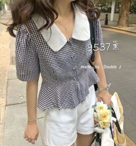 East Gate Baby collar Plaid short sleeve shirt for women 2020 summer wear new Korean version retro all over shirt top