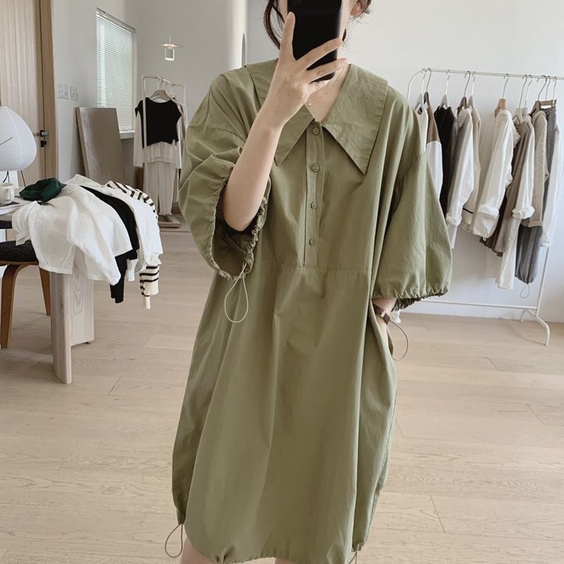 Korean chic summer large size new niche simple solid color loose mid-length dress for women