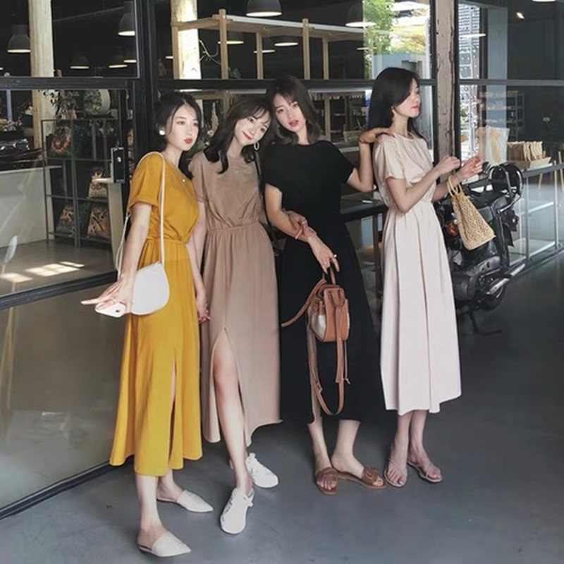 2021 summer new women's dress lazy wind Han Fan elegant temperament medium length split elastic waist T-shirt long skirt