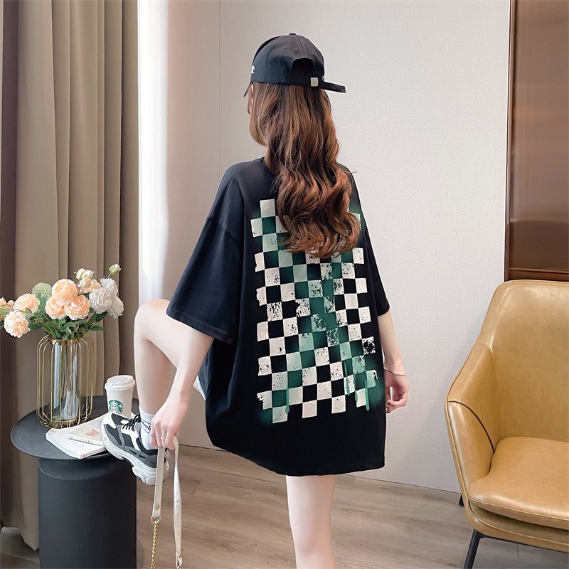 Real shooting 2022 new spring and summer alphabet printed short sleeve T-shirt women's Korean loose chessboard lattice lazy wind bottomed shirt