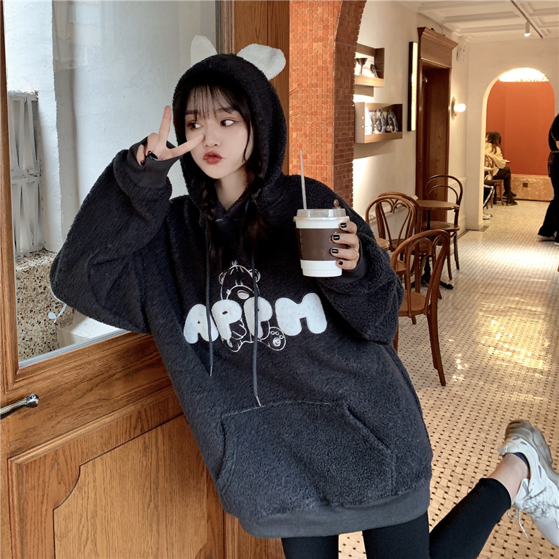 Real shooting lamb cashmere hooded sweater women's new loose Korean loose Plush thickened coat in autumn and winter