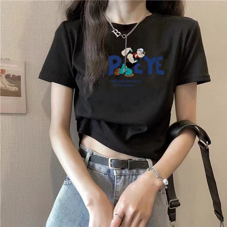 Cotton short-sleeved ultra-short navel-baring shirt for women Korean style loose student tops