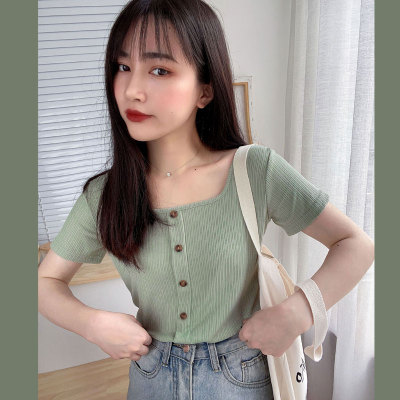 Popular retro style square collar ins short sleeve T-shirt women's summer dress 2020 new style foreign style short fit knitting top