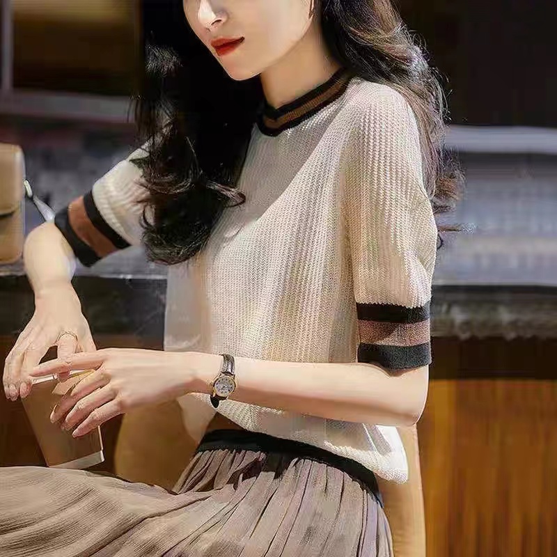 Fashion Joker color matching hollow small fragrance ice silk short sleeve sweater women loose thin half sleeve T-shirt