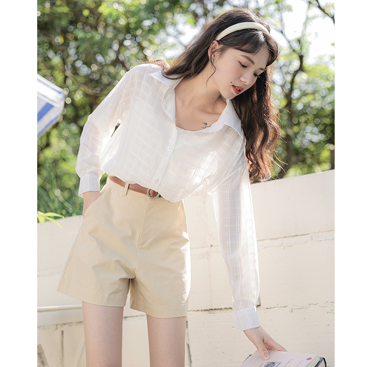 Real shot white check sunscreen shirt female design sense of minority summer new loose thin cardigan top coat