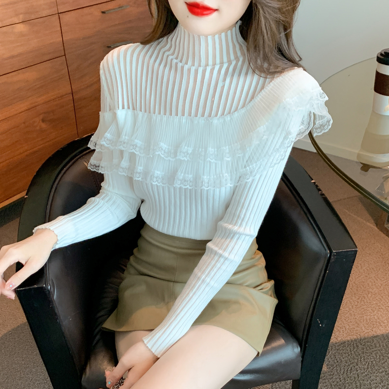 Real shot 2022 new lace lace solid color long-sleeved slim knitted mid-neck careful machine bottoming top