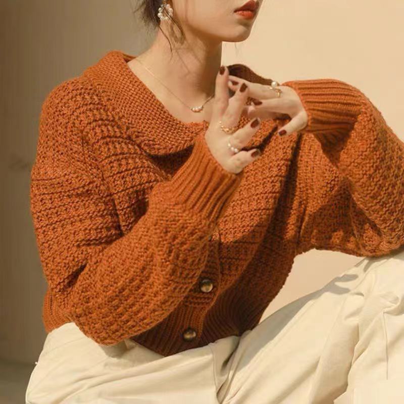 Korean chic autumn and winter age reduction college wind cute doll collar knitted cardigan loose long-sleeved sweater short coat female