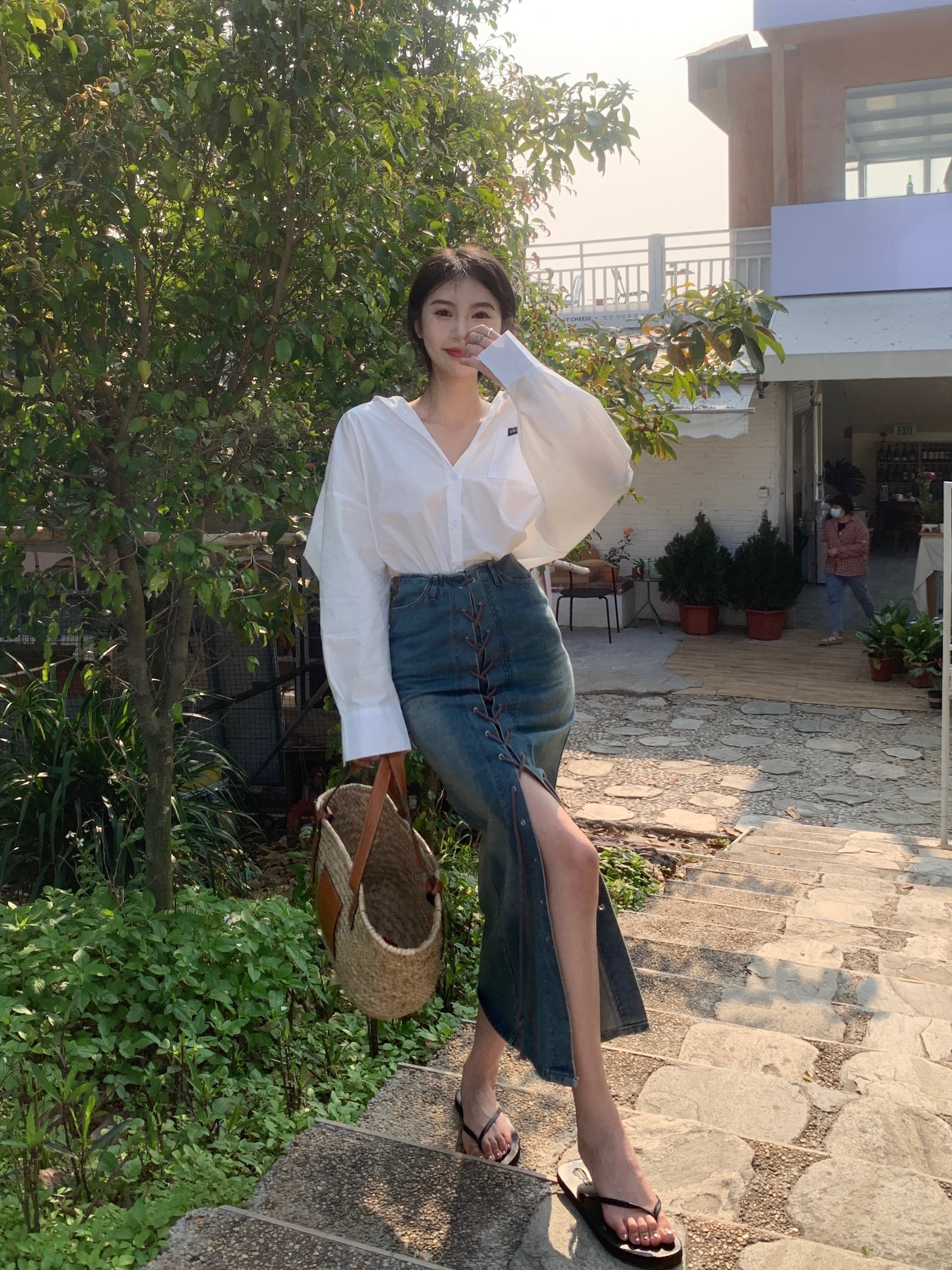 Real shot real price loose foreign style casual shirt cardigan high waist slim design sense denim skirt