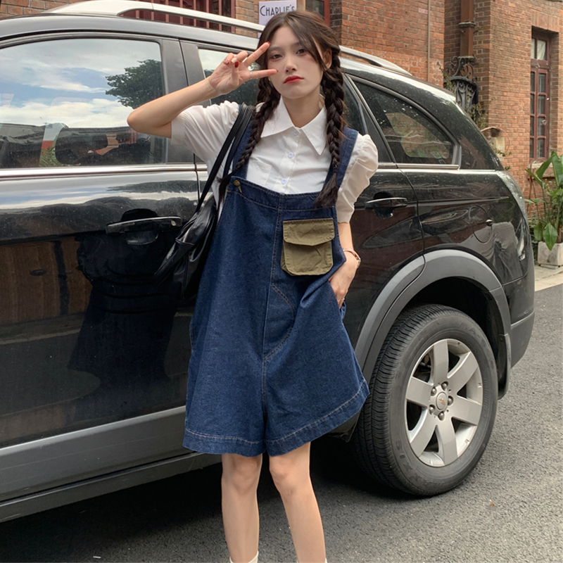 Real shot design sense American denim strap shorts fat mm large size loose Korean version wide leg shorts S-5XL200 catties