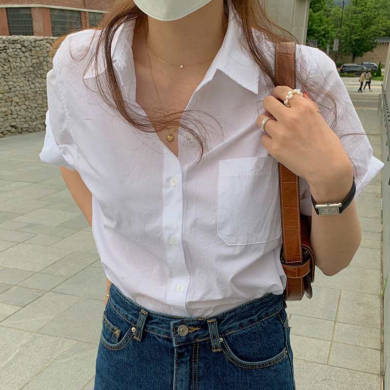 2022 Korean version of loose summer white shirt women's French cotton breathable short sleeve retro academic style half sleeve shirt
