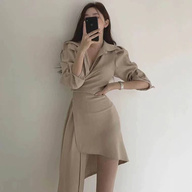 Korean Chic French light cooked wind Lapel single breasted dress with slim waist, medium and long design, irregular women's dress