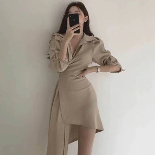 Korean Chic French light cooked wind Lapel single breasted dress with slim waist, medium and long design, irregular women's dress