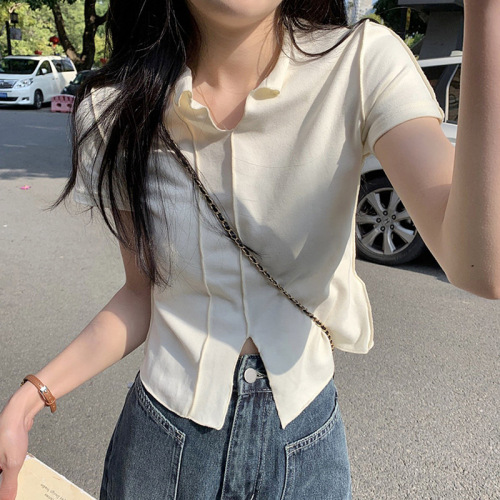 A4 waist design sense hot girl small slit to show thin open line small V-neck T-shirt women's white short-sleeved top