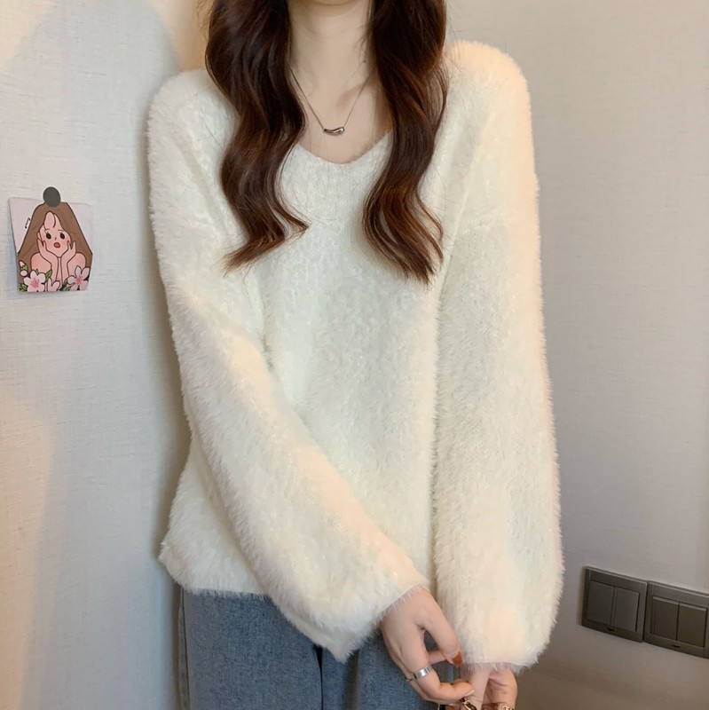 Real price real shooting autumn and winter new Korean V-neck gentle wind imitation mink loose lazy foreign style versatile sweater