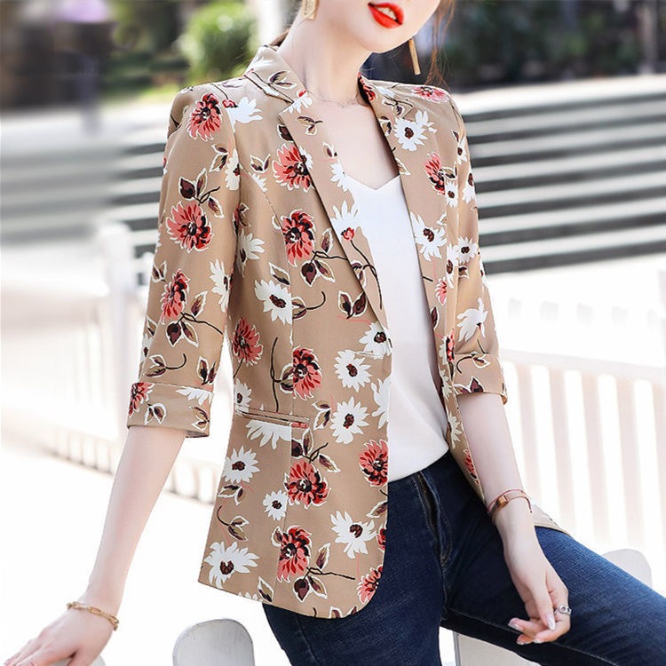 Printed small suit coat women's 2022 spring and summer new seven point sleeve fashion waist closing thin top suit