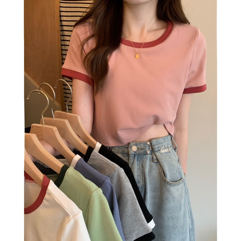Real price real shot 2022 new Korean design, color contrast basic short style, high and versatile short sleeve T-shirt