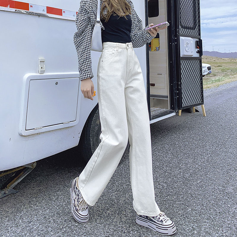 Real shooting of the new autumn elegant high waist jeans women's straight tube loose hanging feeling wide leg pants show a thin falling feeling and drag the ground