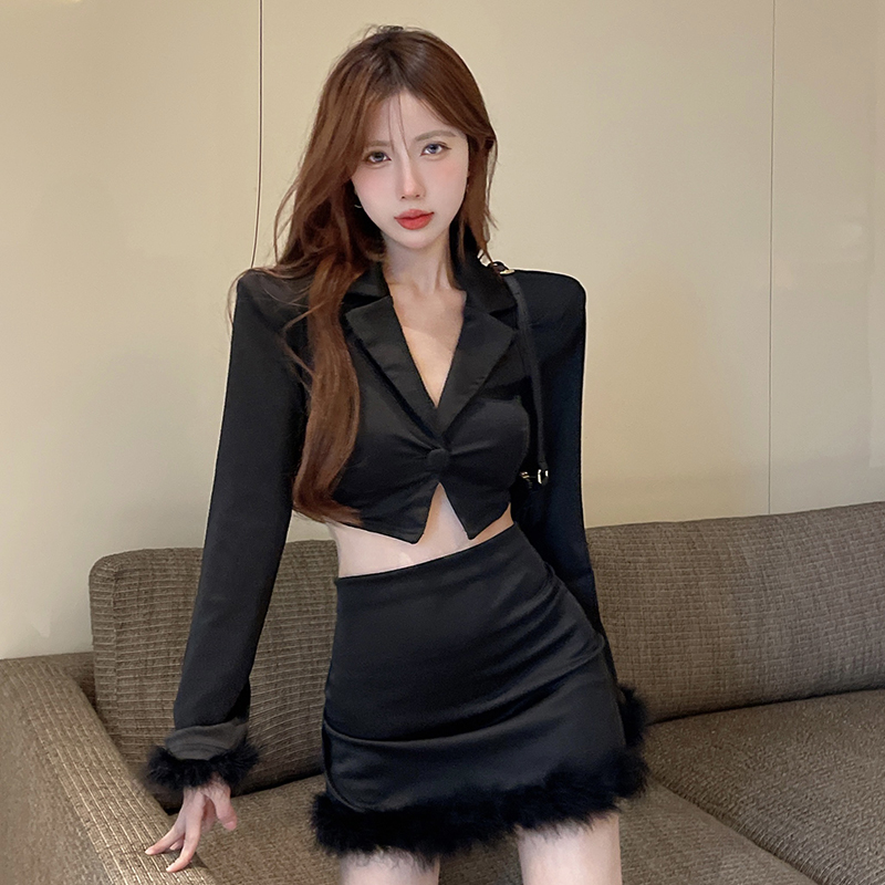 Real Price Plush V-Neck Long Sleeve Short Jacket Slim Fit Raw Edge Skirt Temperament Suit