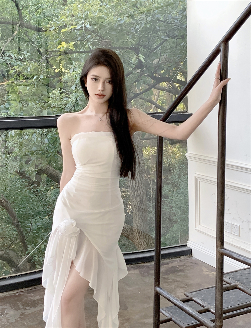 Real price real price white one-shoulder tube top dress female pure desire wind birthday dress fairy chiffon skirt