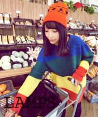 Retro soft girl college rainbow color matching stripe loose sweater