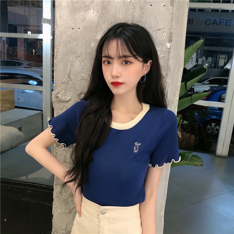 Korean version of 2021 summer dress: versatile round neck, solid color, thin and versatile, short sleeve bottomed sweater top, women's fashion